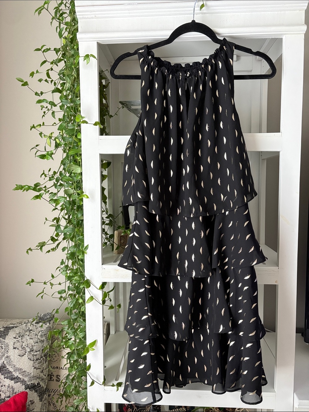 Laundry By Shelli Segal Black Tiered Ruffle Mini Dress with Metallic Dot Detail